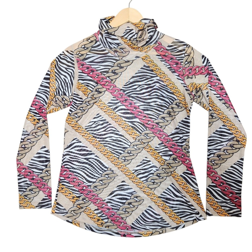 David Cline Vintage Y2K 90s Sheer Mesh Turtleneck Zebra Chain Print Mock Neck M